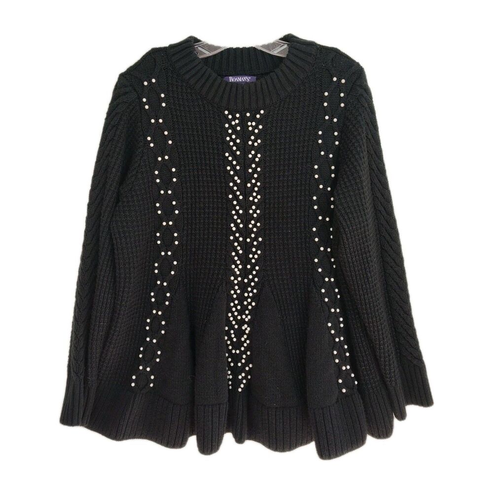 Roaman's Sweater Women's 14/16 Black Pearl Accents Cable Knit Pullover Crew